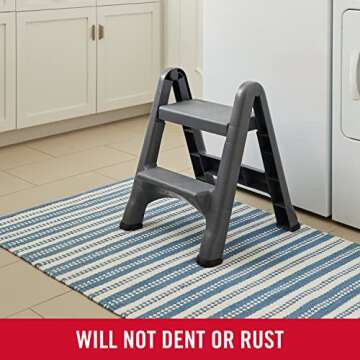 Rubbermaid Two-Step Folding Foot Stool, 14-Inch High, Gray, 300-Pound Capacity, Small Step Stool for Adults/Kids for Use in Library/Kitchen/Bathroom/Garage/Closet