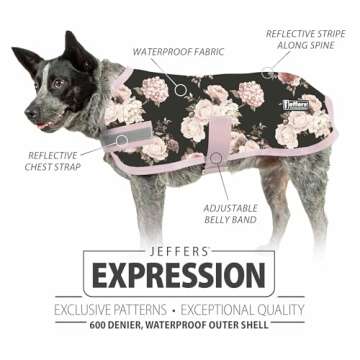 Jeffers Expression Dog Blanket, Rose Garden, 26"- 600D Water Proof, 240g Insulation for Winter Coat - with Adjustable Belly & Chest Straps - Small Medium to Large Dogs, Pet Apparel for Cold Weather