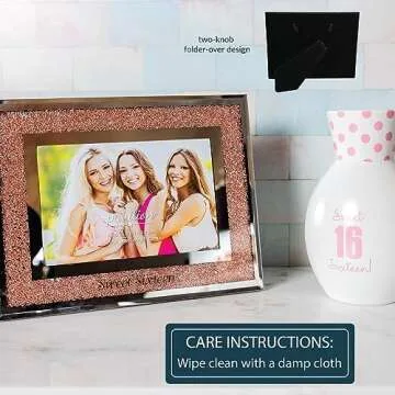 Pavilion - Sweet Sixteen Picture Frame, Party Decor, Happy 16th Birthday For Girl, Sweet 16 Party Photo Frame, Crystal Frame, Gifts For Birthday Girl, Pink, Overall Size: 7.25” x 9.25