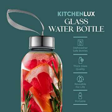 Kitchen Lux 18oz Glass Water Bottles – Pack of 6 Nylon Protective Sleeves, Airtight Screw Top Lids...