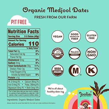 Joolies Organic Medjool Dates Snack Pack | 3 Pit-Free Dates, 8 Pack | Fresh California Grown Fruit |...