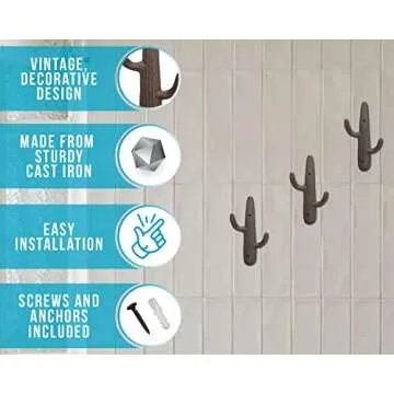 Comfify Set of 3 Hooks Cast Iron Cactus Double Wall Mounted Hooks/Hangers - Decorative Wall Mounted Hooks for Coats, Bags, Towels and More - w/Screws and Anchors Included - Brown