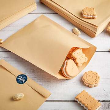400 Pack Paper Sandwich Bags Brown Kraft, 7.9 x 5.9 Inch Kraft Paper Sandwich Bags Envelopes Paper Snack Bags Flat Greaseproof Paper Bags with 500 Cooking Stickers for Bakery Cookies, Treats, Snacks