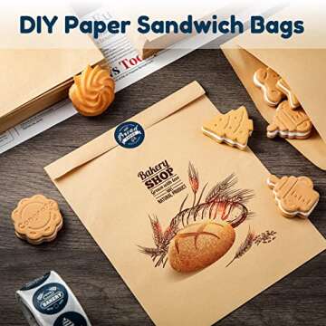 400 Pack Paper Sandwich Bags Brown Kraft, 7.9 x 5.9 Inch Kraft Paper Sandwich Bags Envelopes Paper Snack Bags Flat Greaseproof Paper Bags with 500 Cooking Stickers for Bakery Cookies, Treats, Snacks