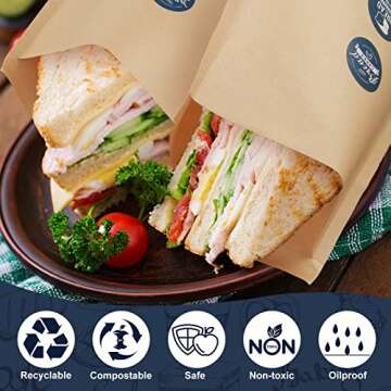 400 Pack Paper Sandwich Bags Brown Kraft, 7.9 x 5.9 Inch Kraft Paper Sandwich Bags Envelopes Paper Snack Bags Flat Greaseproof Paper Bags with 500 Cooking Stickers for Bakery Cookies, Treats, Snacks