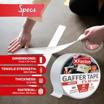 XFasten White Gaffers Tape 3 Inch x 30 Yards, Multipurpose, No Residue Gaffing Tape, White Gaff Tape Non-Reflective Matte Finish for Filming, Indoor, Outdoor Locations, Pro Gaff White Tape for Walls