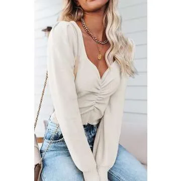 PRETTYGARDEN Fall Long Sleeve Cropped Sweaters for Women 2024 Off The Shoulder V Neck Ruched Ribbed Knit Going Out Tops (White, X-Large)