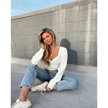 PRETTYGARDEN Fall Long Sleeve Cropped Sweaters for Women 2024 Off The Shoulder V Neck Ruched Ribbed Knit Going Out Tops (White, X-Large)