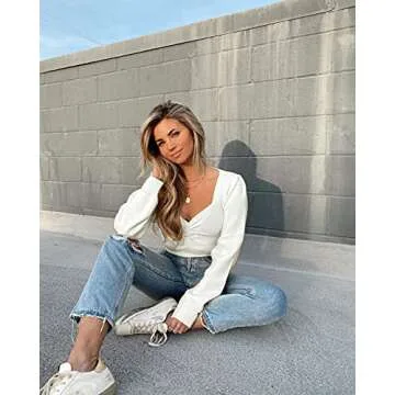 PRETTYGARDEN Fall Long Sleeve Cropped Sweaters for Women 2024 Off The Shoulder V Neck Ruched Ribbed Knit Going Out Tops (White, X-Large)