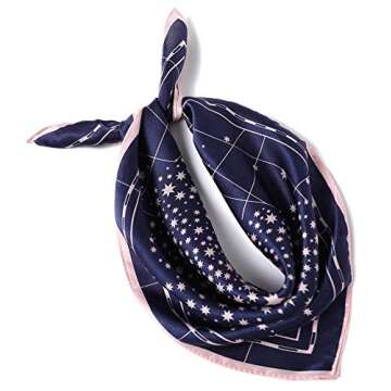 ANDANTINO 100% Real Mulberry Silk Scarf -21'' x 21''- Lightweight Neckerchief –Women Men Small Square Digital Printed Scarves (Navy&Pink Star)