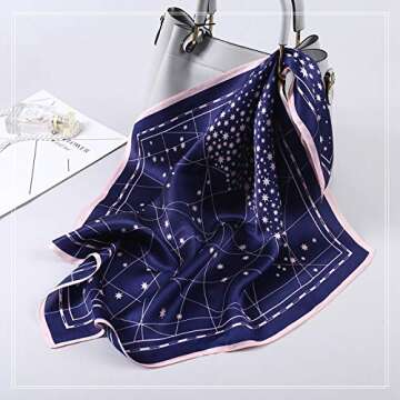ANDANTINO 100% Real Mulberry Silk Scarf -21'' x 21''- Lightweight Neckerchief –Women Men Small Square Digital Printed Scarves (Navy&Pink Star)