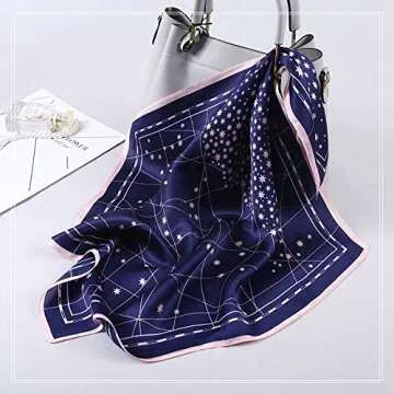 ANDANTINO 100% Real Mulberry Silk Scarf -21'' x 21''- Lightweight Neckerchief –Women Men Small Square Digital Printed Scarves (Navy&Pink Star)