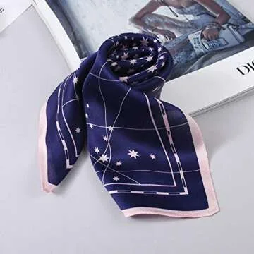 ANDANTINO 100% Real Mulberry Silk Scarf -21'' x 21''- Lightweight Neckerchief –Women Men Small Square Digital Printed Scarves (Navy&Pink Star)