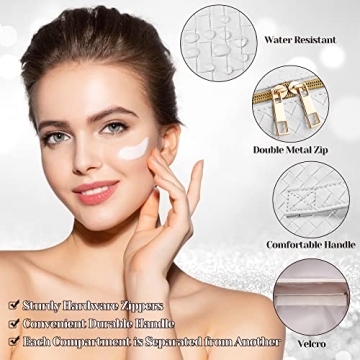 SFXULIX Large Capacity Travel Cosmetic Bag - Makeup Bag, PU Leather Waterproof Cosmetic Bag, Women Portable Travel Makeup Bag With Handle and Divider Flat Lay Makeup Organizer Bag, White