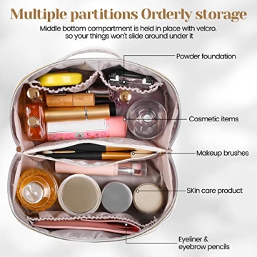 SFXULIX Large Capacity Travel Cosmetic Bag - Makeup Bag, PU Leather Waterproof Cosmetic Bag, Women Portable Travel Makeup Bag With Handle and Divider Flat Lay Makeup Organizer Bag, White