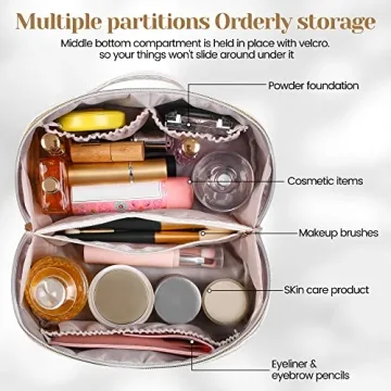 SFXULIX Large Capacity Travel Cosmetic Bag - Makeup Bag, PU Leather Waterproof Cosmetic Bag, Women Portable Travel Makeup Bag With Handle and Divider Flat Lay Makeup Organizer Bag, White