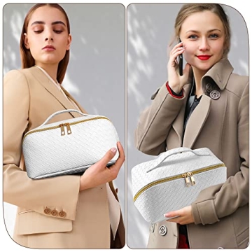 SFXULIX Large Capacity Travel Cosmetic Bag - Makeup Bag, PU Leather Waterproof Cosmetic Bag, Women Portable Travel Makeup Bag With Handle and Divider Flat Lay Makeup Organizer Bag, White