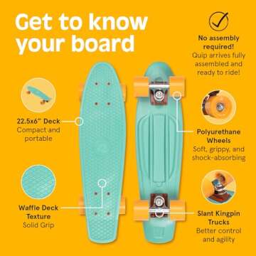 Retrospec Quip Mini Cruiser Skateboard 22.5" and 27" Classic Retro Plastic Cruiser Complete Skateboard with ABEC 7 Bearings and PU Wheels Compact Board with Grippy, Molded Waffle Deck