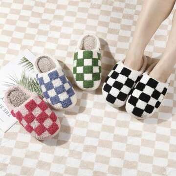 HIPINISS Checkered Slippers House Slippers for Women Men Funny Fluffy Slippers Memory Foam Womens House Shoes Outdoor Indoor Warm Plush Bedroom Slippers for Winter,Pink 41-42