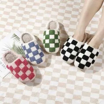 HIPINISS Checkered Slippers House Slippers for Women Men Funny Fluffy Slippers Memory Foam Womens House Shoes Outdoor Indoor Warm Plush Bedroom Slippers for Winter,Pink 41-42