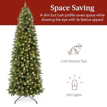 Best Choice Products Prelit Pencil Christmas Tree, 7.5ft Premium Artificial Tree, Realistic Lighted Spruce Holiday Decor w/Warm White Lights, Base