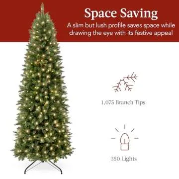 Best Choice Products Prelit Pencil Christmas Tree, 7.5ft Premium Artificial Tree, Realistic Lighted Spruce Holiday Decor w/Warm White Lights, Base