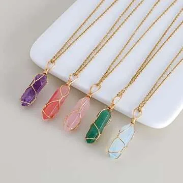Lezam 5 Pcs Natural Hexagonal Crystal Necklace for Women Reiki Healing Crystals Pendant with Tree Wire Wrapped Gemstone Quartz Stone Pendants Necklaces