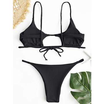 ZAFUL Womens Ribbed Braided Cut Out Bikini Set Sexy Adjustable Straps Two Piece Swimsuits Black