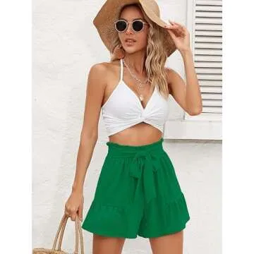 Heymoments Women's Wide Leg Shorts Lightweight Emerald Large High Waisted Adjustable Tie Knot Loose Summer Cute Trousers