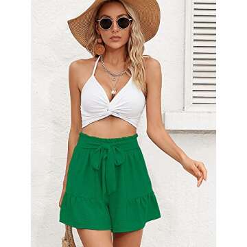 Heymoments Women's Wide Leg Shorts Lightweight Emerald Large High Waisted Adjustable Tie Knot Loose Summer Cute Trousers