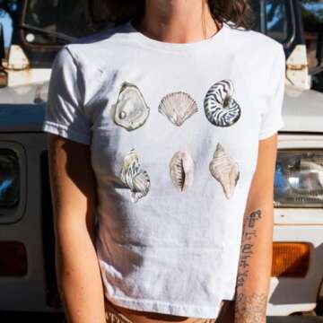 Women Y2k Short Sleeve Baby Tees Cute Graphic Print Slim Fit T Shirts Vintage Aesthetic Crop Top Tees (Graphic Conch, S)