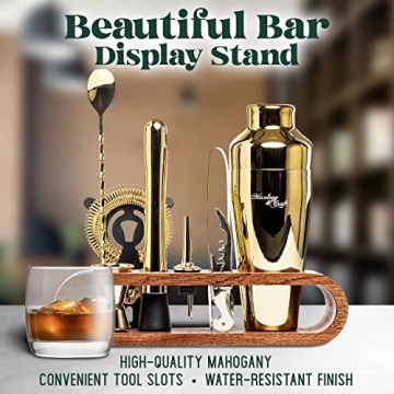 10-Piece Bartender Kit Mahogany Stand Stainless Steel Tools