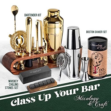 10-Piece Bartender Kit Mahogany Stand Stainless Steel Tools