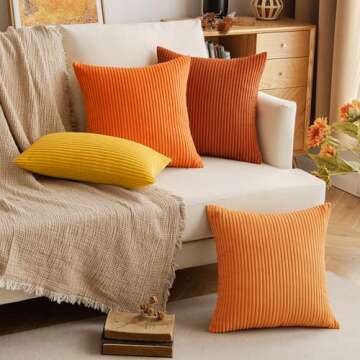 EMEMA Fall Orange Throw Pillow Covers Corduroy Decorative Soft Striped Square Cushion Covers Spring Pillowcases for Couch Sofa Bedroom Chair Car 18x18 Inch Set of 2