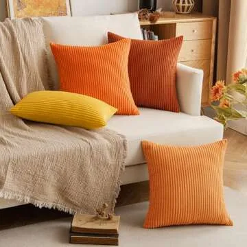 EMEMA Fall Orange Throw Pillow Covers Corduroy Decorative Soft Striped Square Cushion Covers Spring Pillowcases for Couch Sofa Bedroom Chair Car 18x18 Inch Set of 2