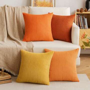 EMEMA Fall Orange Throw Pillow Covers Corduroy Decorative Soft Striped Square Cushion Covers Spring Pillowcases for Couch Sofa Bedroom Chair Car 18x18 Inch Set of 2