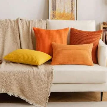 EMEMA Fall Orange Throw Pillow Covers Corduroy Decorative Soft Striped Square Cushion Covers Spring Pillowcases for Couch Sofa Bedroom Chair Car 18x18 Inch Set of 2