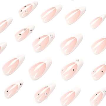 IMSOHOT French Almond Press on Nails Medium Stiletto Fake Nails White Pearl False Nails with Designs Glossy Cute Glue on Nails for Women