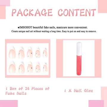 IMSOHOT French Almond Press on Nails Medium Stiletto Fake Nails White Pearl False Nails with Designs Glossy Cute Glue on Nails for Women