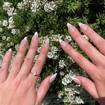 IMSOHOT French Almond Press on Nails Medium Stiletto Fake Nails White Pearl False Nails with Designs Glossy Cute Glue on Nails for Women