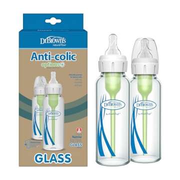 Dr. Brown's Natural Flow Anti-Colic Options+ Narrow Glass Baby Bottle 8 oz/250 mL 2 Pack with Level ...