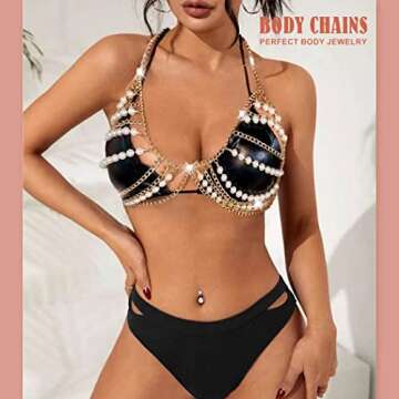Asooll Gold Pearl Chest Chain Layered Necklace Bra Body Chains Fashion Bikini Bra Jewelry Chain Fashion Beach Rave Body Accessories Jewelry for Women