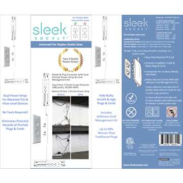 Sleek Socket Original & Patented Ultra-Thin Outlet Concealer with Cord Concealer Kit, Dual Power Strip Surge Protector, for Mounted TV Plus Floor Devices, No More Drilling Holes in Wall to Hide Cord