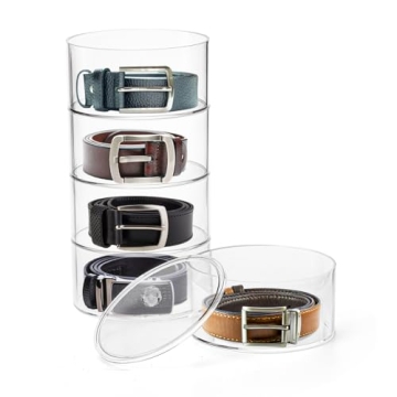 ZENFUN 5 Layers Acrylic Belt Organizer, Stackable Belt Storage Box Clear Display Case Vanity Organizer for Watch, Hair Accessories, Jewelry, Closet and Drawer, 3" H x 5" Dia