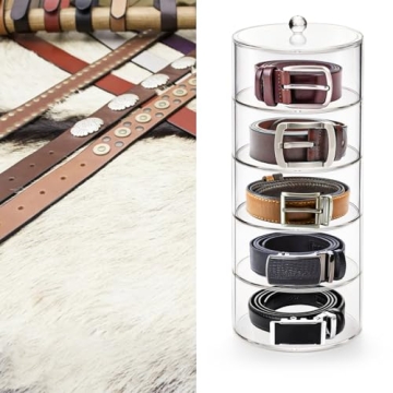 ZENFUN 5 Layers Acrylic Belt Organizer, Stackable Belt Storage Box Clear Display Case Vanity Organizer for Watch, Hair Accessories, Jewelry, Closet and Drawer, 3" H x 5" Dia