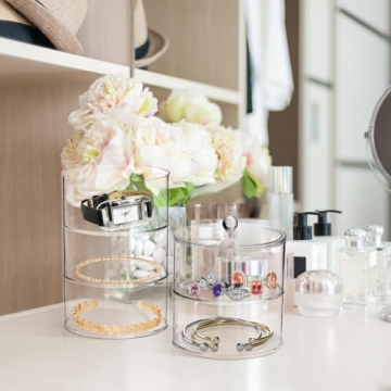 ZENFUN 5 Layers Acrylic Belt Organizer, Stackable Belt Storage Box Clear Display Case Vanity Organizer for Watch, Hair Accessories, Jewelry, Closet and Drawer, 3" H x 5" Dia