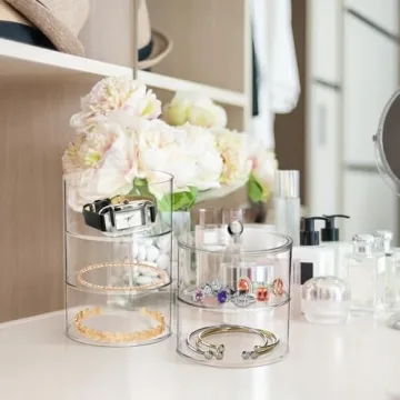 ZENFUN 5 Layers Acrylic Belt Organizer, Stackable Belt Storage Box Clear Display Case Vanity Organizer for Watch, Hair Accessories, Jewelry, Closet and Drawer, 3" H x 5" Dia