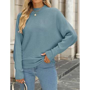 ZESICA Women's Fall Turtleneck Batwing Long Sleeve Ribbed Knit Casual Soft Pullover Sweater Jumper Top,Blue,Small