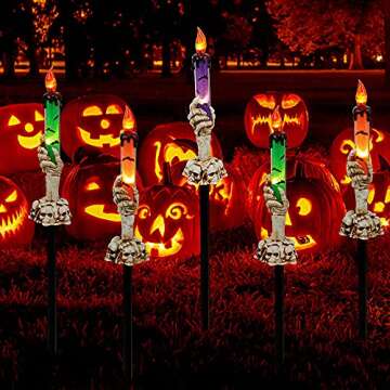LJLNION Halloween Decorations, 5 Pack Halloween Garden Stake Lights, Tabletop Candle Light with Skel...