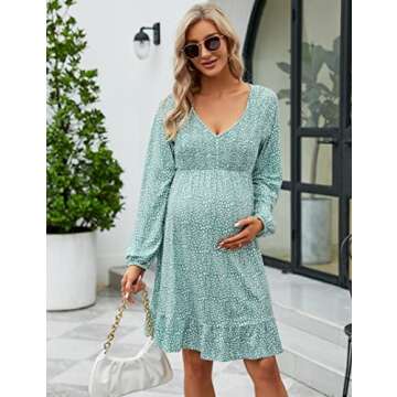 Coolmee Women's Maternity Long Sleeve Ruffle Dress V Neck Smocked Fall Casual Flowy Midi Dress for B...
